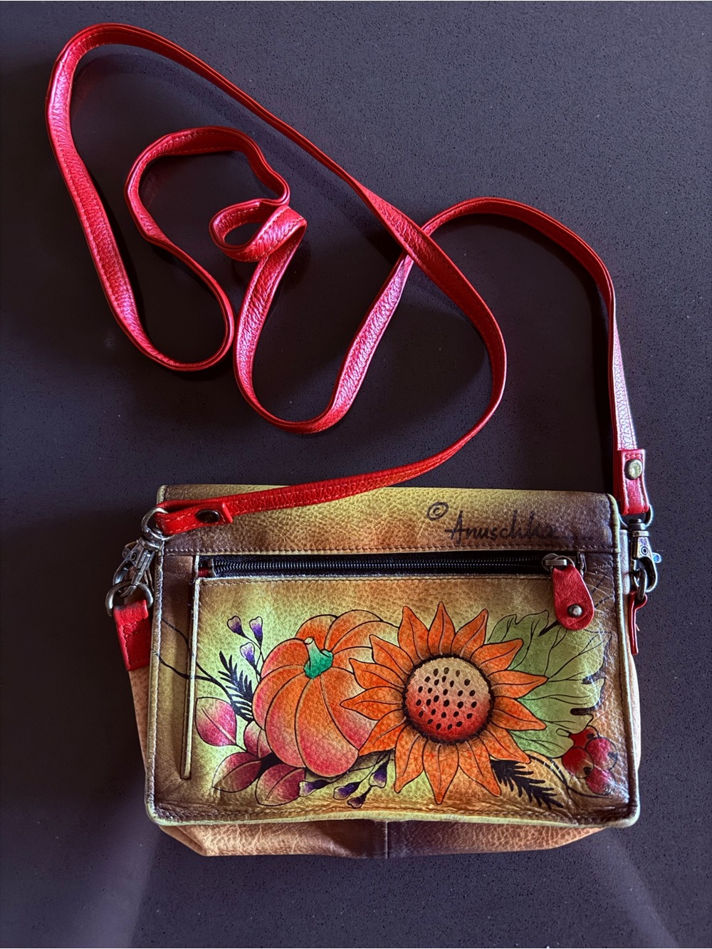 Anuschka Leather Hand Painted Harvest Ball Pumpkin and Sunflower Crossbody Purse